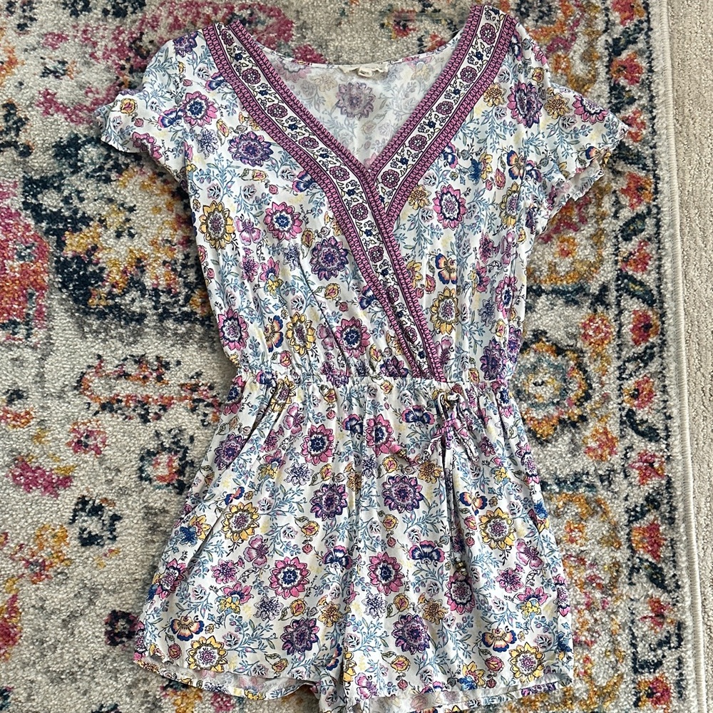 BeBop Floral Print Jumpsuit with Purple Accents
